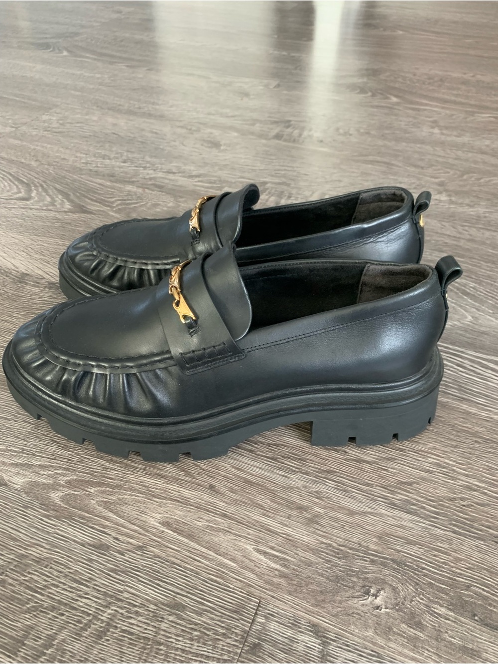 Circus Ny by Sam Edelman Pierre Black Leather Chain-Accent Lug Sole Loafers